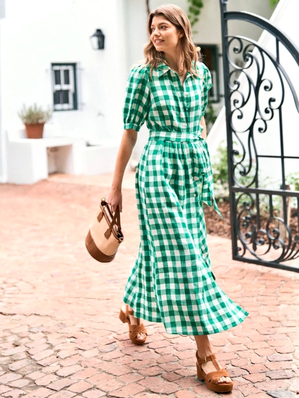 BODEN Alexa Linen Maxi Shirt Dress in Emerald Gingham - NWOT - US 16-18R
